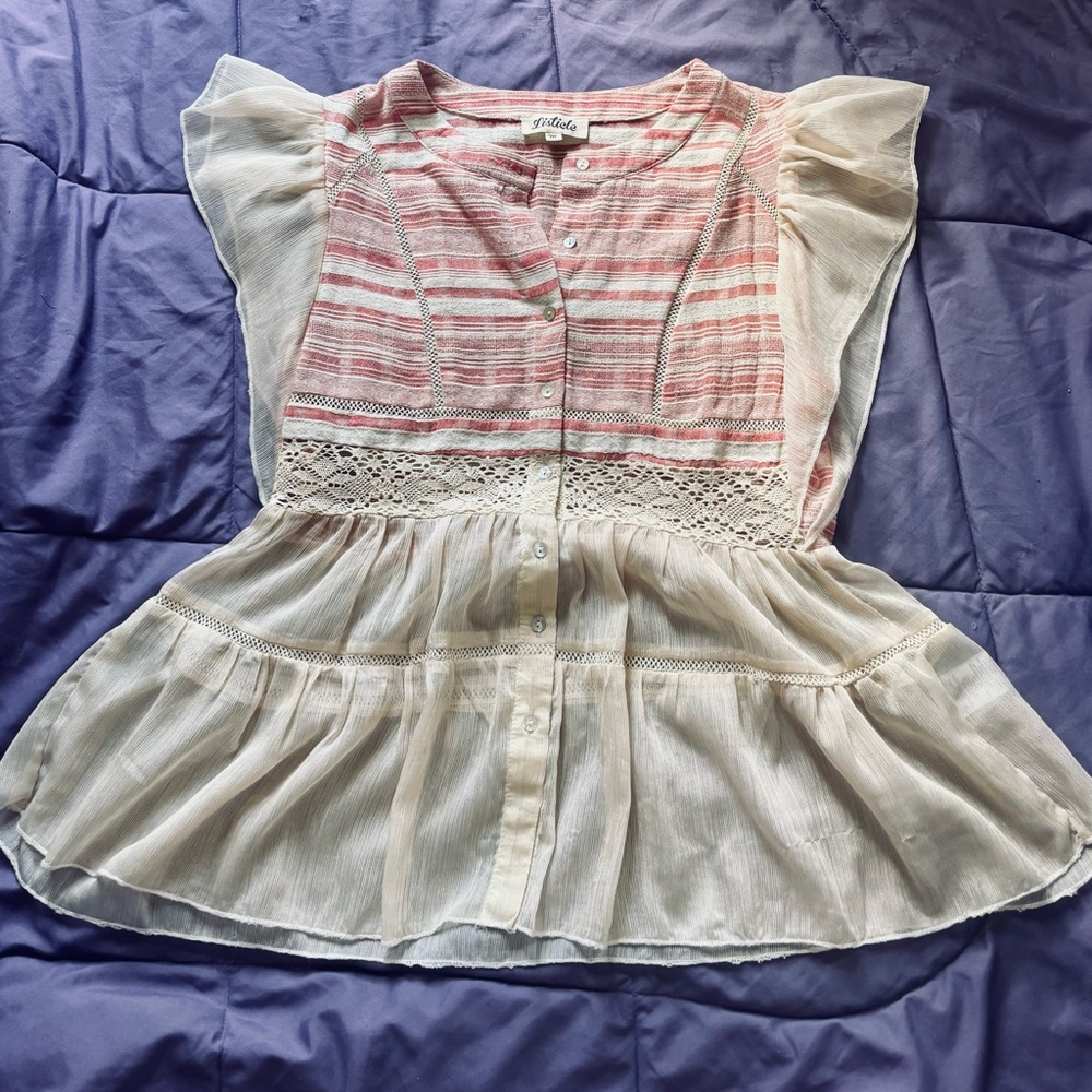 Pink and Cream Blouse with Smocked Bodice and Flutter Sleeves